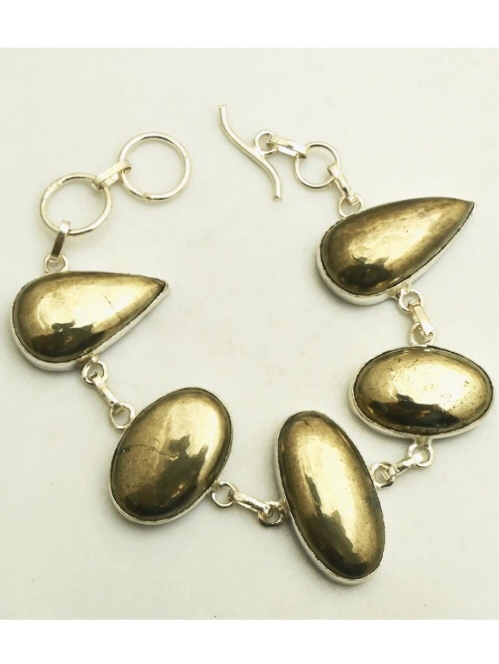 Apache Gold Pyrite Gemstone 925 Sterling Silver Handmade Toggle Bracelet